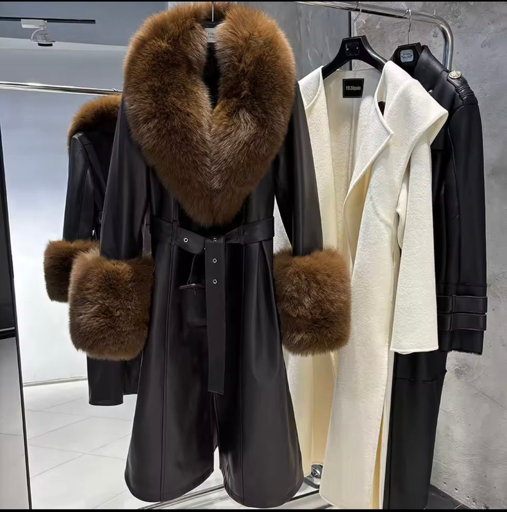 Luxe Fox Fur Leather Statement Coat