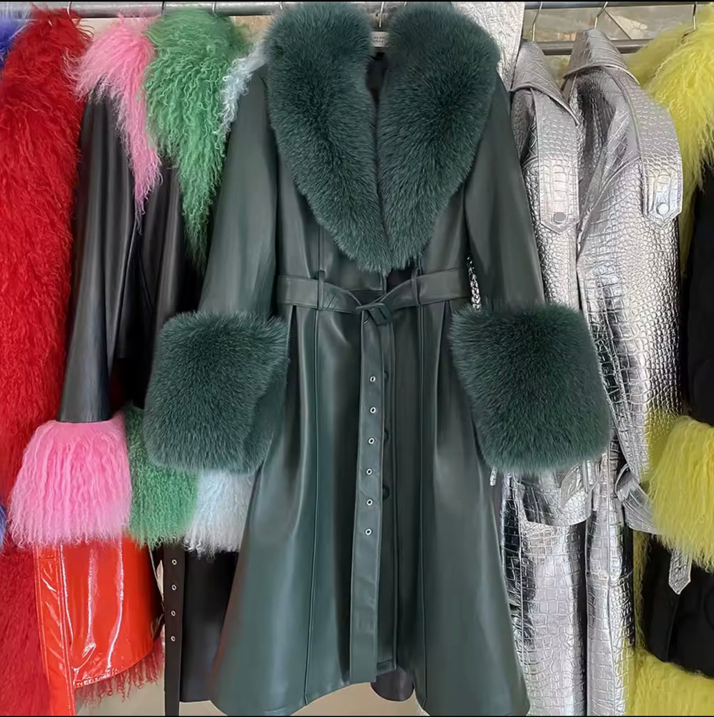 Luxe Fox Fur Leather Statement Coat
